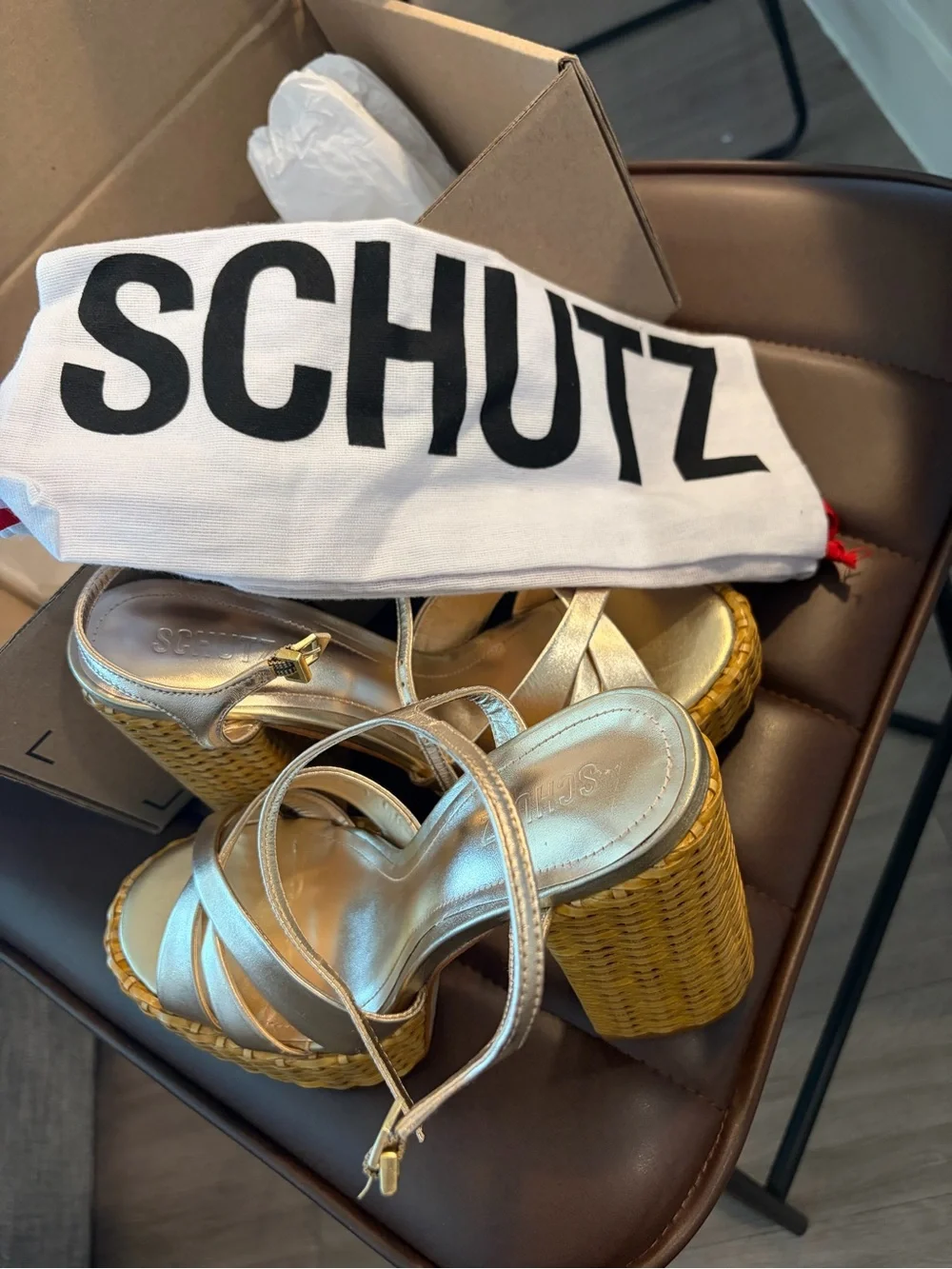 Metallic Gold Platform Woven-Trim Block Heel Sandals